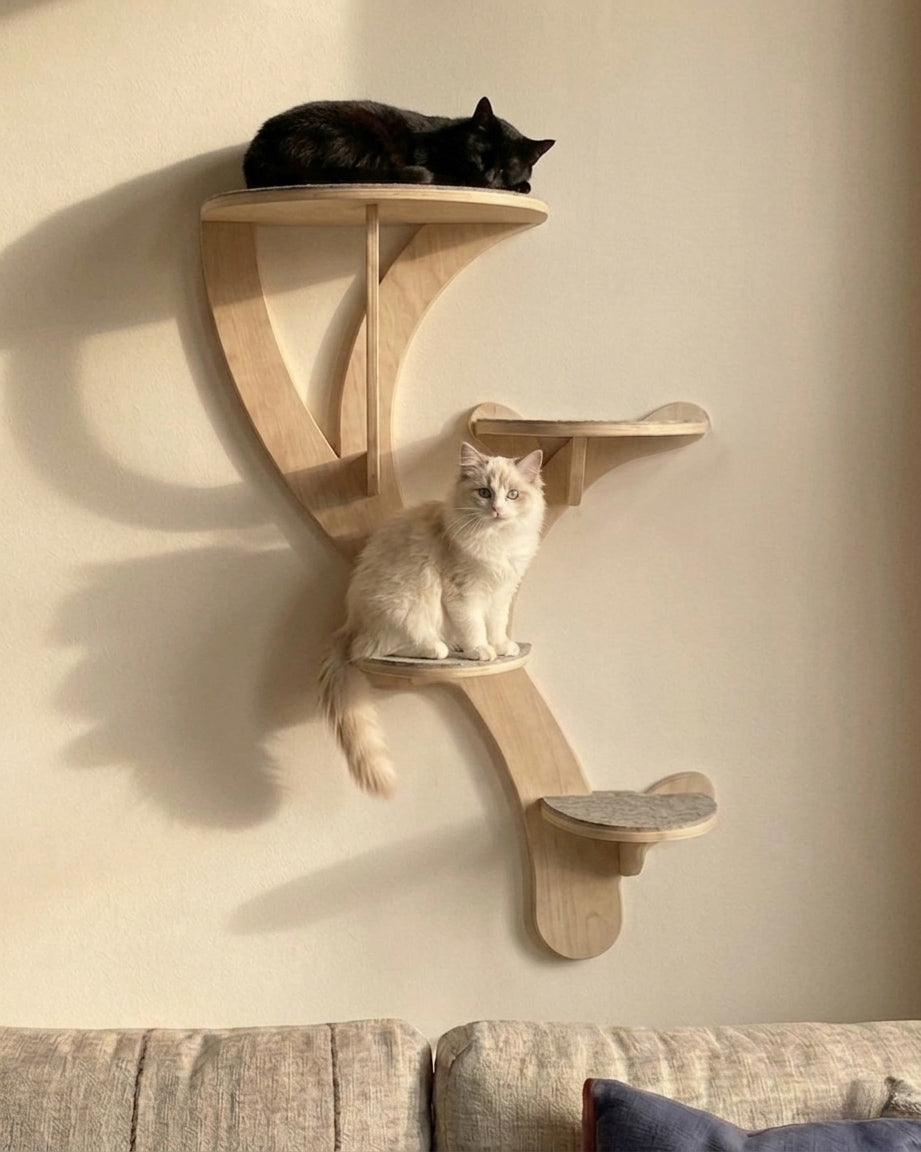 Branch cat tree mounted on a wall, with a black cat asleep on the top bowl and a white cat sitting on the middle shelf