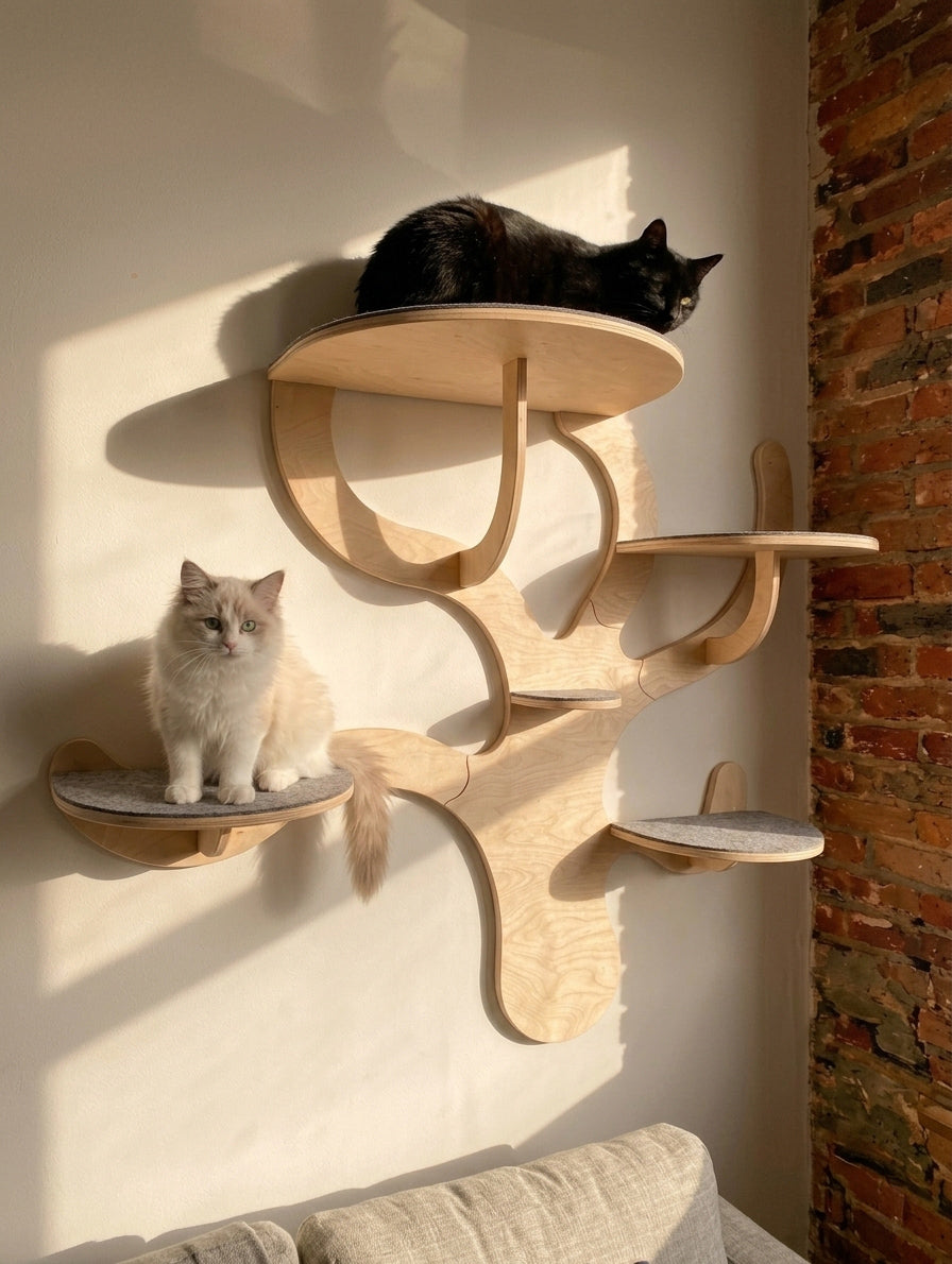 Canopy cat tree on a wall beside exposed brick, with a black cat on the top platform and a white cat on the left shelf