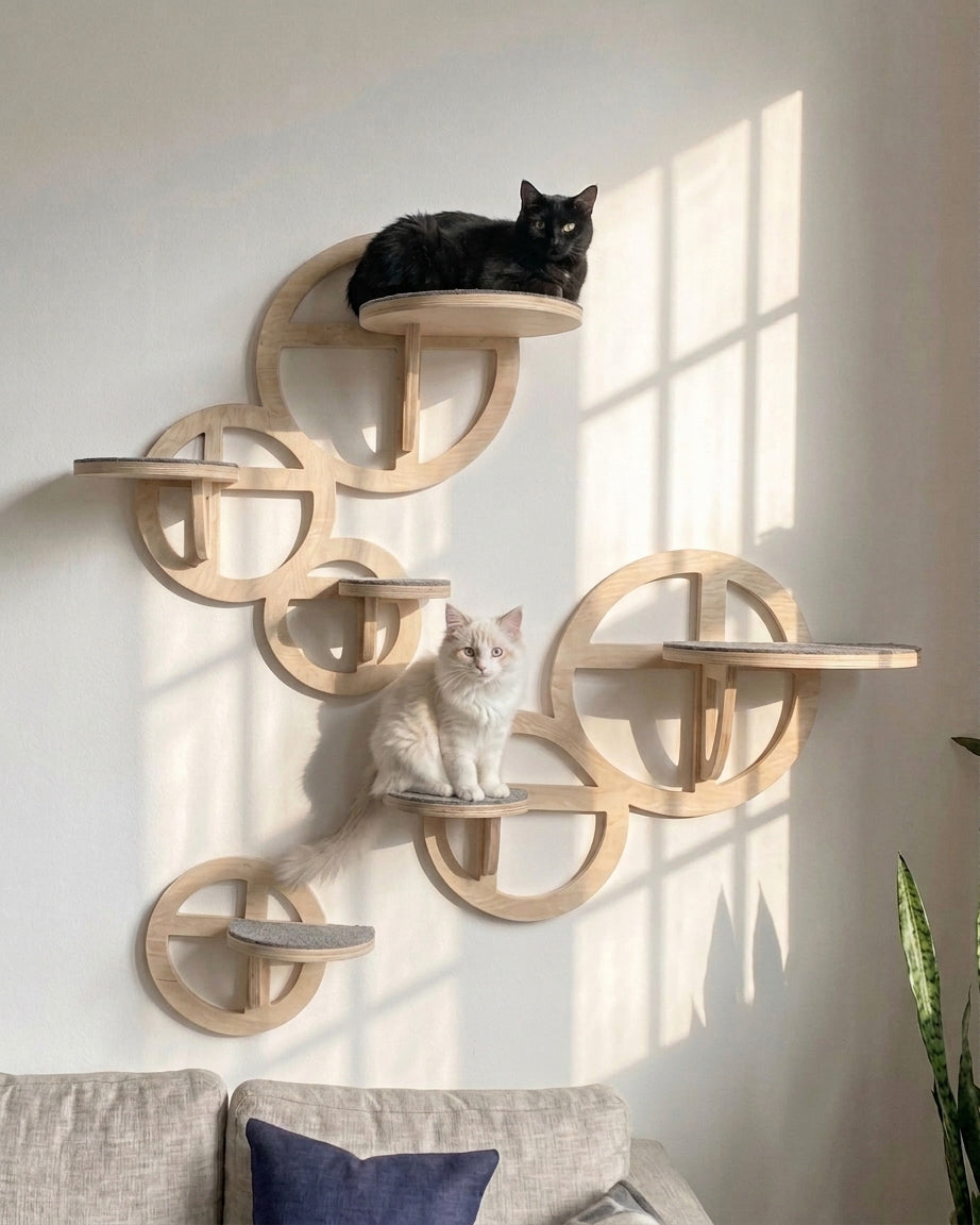Halo modular circle shelves arranged up a wall, with a black cat on the top shelf and a white cat on a lower one